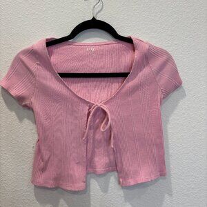 PacSun Pink Ribbed Tie Front Crop Top Womens XS Short Sleeve Cardigan Style